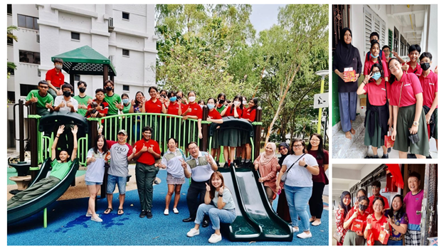 A large group of people in red and green shirts pose on a playground, with two smaller group photos on the right.